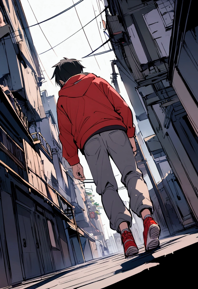 male character full body black hair hooded sweatshirt gray pants red sneakers perspective drawing