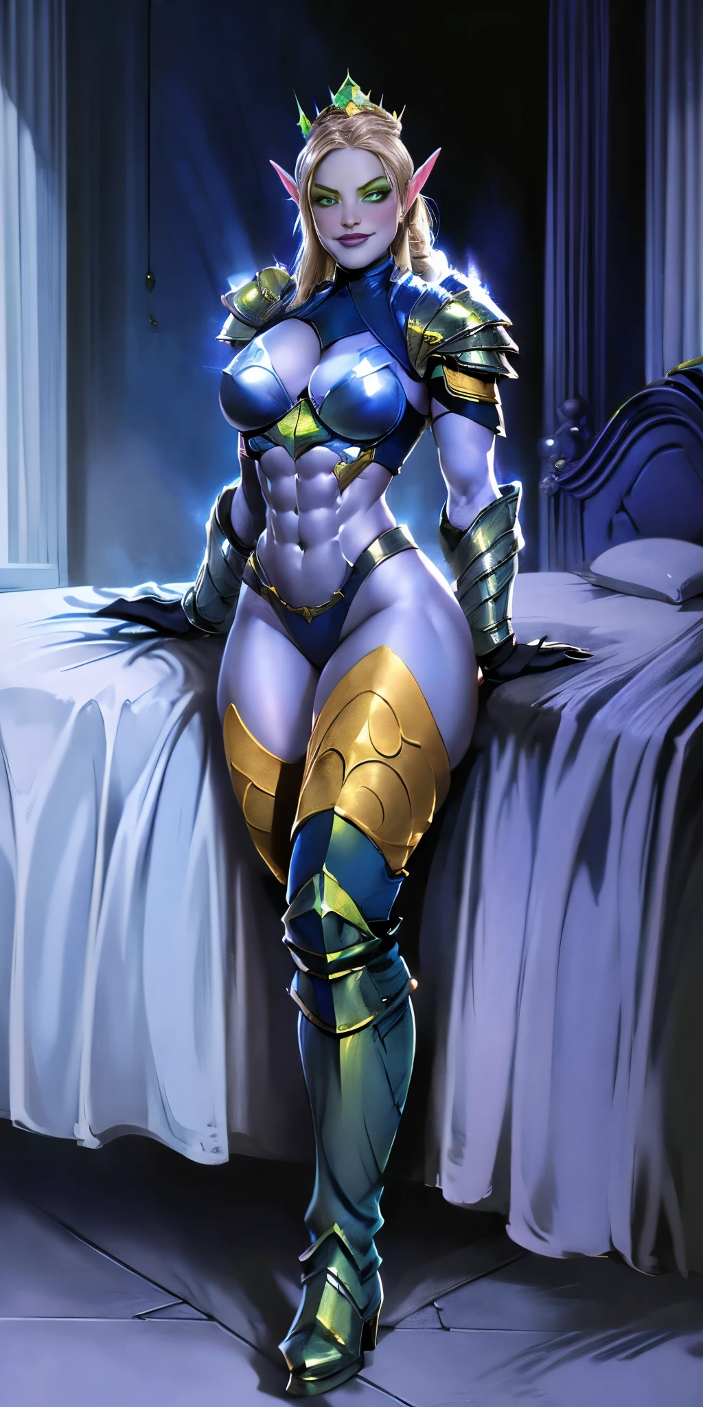 Lancer Artoria body (Alexis Texas Face), elegant adult female, blonde, green eyes (yellow eyelashes) crown, turtleneck, full body sitting on a bench, showing ass to me, BLUE breastplate, BLUE skin (1SologirlBLUE skin:1.2, DROW ELF FEMALE) looking at viewer, shiny, armor, thigh highs, high boots, pauldrons shoulder armor, faulds, poleyn, BLUE gloves gauntlets, rerebrace, BLUE military armored boots, yordle muscular lean platinum blonde long twin tails hairstyle at the bedroom lustful smirking smile face red blushed, blush, strong abs, female body builder, tiara, twin drills hair (masterpiece, best quality, ultra detailed, best shadow)