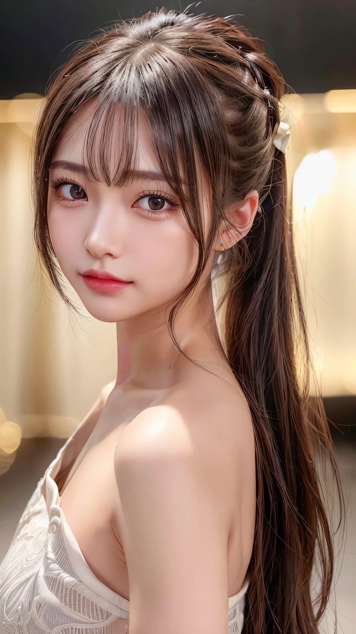 Commercials for luxury cosmetics style,Commercial filming studio,Black Dresses,The background is all gray,Ultra-detailed, finely detail, hight resolution, 8K Wallpaper, Perfect dynamic composition, Beautiful detailed eyes,,Close-up of face,,Blushing,Facing forward,Long hair ponytail,((8k, Raw photo, Best Quality, Mastepiece:1.2), (Realism, Photorealistic:1.4), (Highly detailed 8K wallpapers), Depth of written boundary, Cinematic Lighting, Soft Light, Detailed Beauty Eye,Shiny and smooth light brown ponytail, Asymmetrical bangs, Shiny skin, Ultra-detailed skins ,It is high resolution., High detail, Detailed hairstyle, Detailed facial beauty, Hyper-realistic, Perfect limbs, Perfect Anatomy ,1 Japanese girl,Famous Japanese Idols, Perfect female body,A shy smile,Short eyelashes,Double-edged eyelids,Look straight here,Hair style: ponytail,
