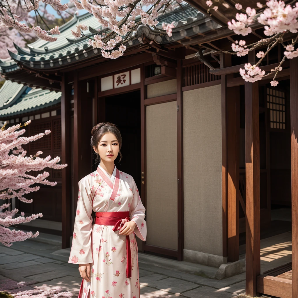 A serene portrait of a young woman in traditional attire, showcasing a floral-patterned hanbok with a vibrant red sash. She stands gracefully amidst blooming cherry blossoms, her hair styled in an elegant bun adorned with a delicate hairpiece. The background features a traditional Asian pavilion, bathed in soft, natural light, emphasizing the peaceful ambiance of spring. The composition captures a moment of contemplation, highlighting the intricate details of her outfit and the beauty of the surrounding nature.
