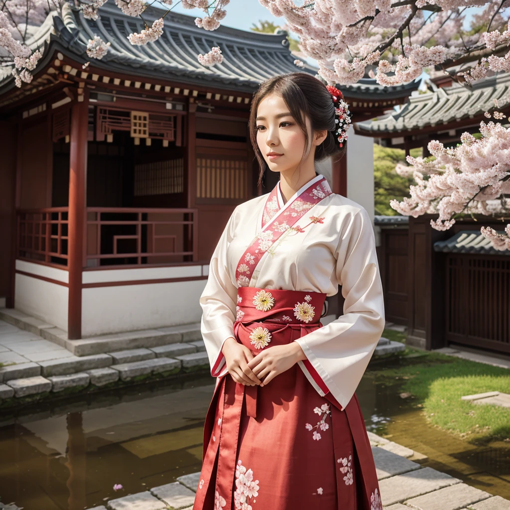 A serene portrait of a young woman in traditional attire, showcasing a floral-patterned hanbok with a vibrant red sash. She stands gracefully amidst blooming cherry blossoms, her hair styled in an elegant bun adorned with a delicate hairpiece. The background features a traditional Asian pavilion, bathed in soft, natural light, emphasizing the peaceful ambiance of spring. The composition captures a moment of contemplation, highlighting the intricate details of her outfit and the beauty of the surrounding nature.