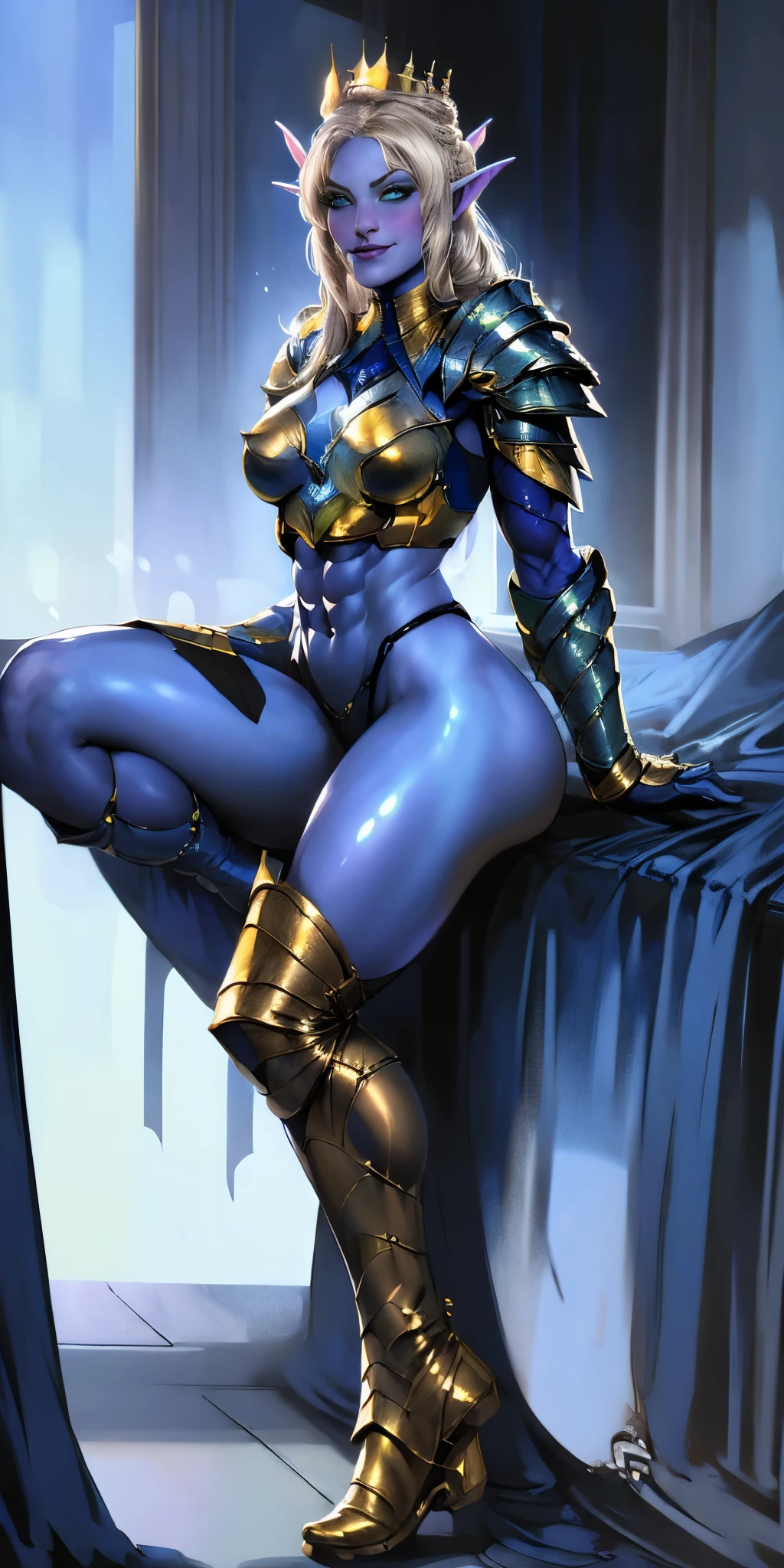 Lancer Artoria body (Alexis Texas Face), elegant adult female, blonde, green eyes (yellow eyelashes) crown, turtleneck, full body sitting on a bench, showing ass to me, BLUE breastplate, BLUE skin (1SologirlBLUE skin:1.2, DROW ELF FEMALE) looking at viewer, shiny, armor, thigh highs, high boots, pauldrons shoulder armor, faulds, poleyn, BLUE gloves gauntlets, rerebrace, BLUE military armored boots, yordle muscular lean platinum blonde long twin tails hairstyle at the bedroom lustful smirking smile face red blushed, blush, strong abs, female body builder, tiara, twin drills hair (masterpiece, best quality, ultra detailed, best shadow)