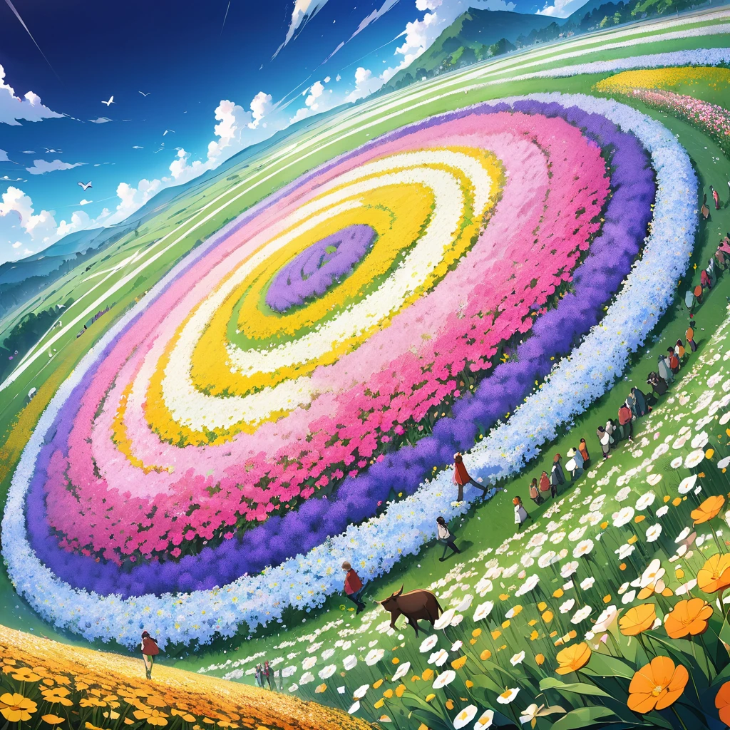 anime、Highest quality、High resolution、Detailed Background、Many people々Animals are walking、Many people々An insect is walking、The background is a flower field