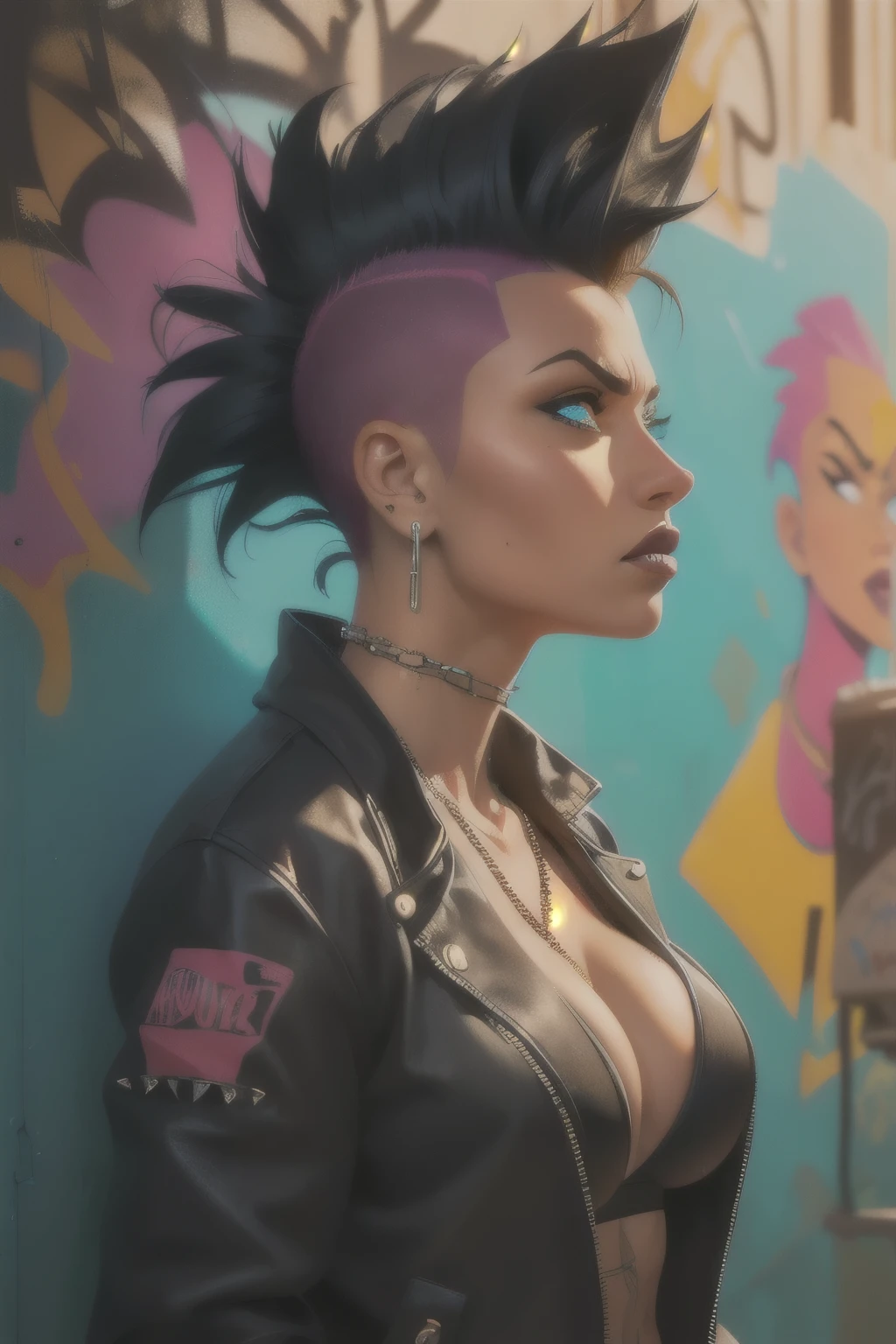 (Artwork, best quality:1.2), 1 girl , ((side view)) , hyperrealistic, realistic, intrincately detailed, "Punk Girl", in dynamic sensual pose, sexy, hot,  ((spiky mohawk hair, Black punk hair, angry face, wearing a black jacket, chains, Rocket style, tattooed girl , hot body, abs, bikini boobs) . (((Realistic skin, skin Textures, glowing skin, detailed eyes, realistic eyes))), Shallow depth of field, vignette, highy detailed, high budget, bokeh, cinemascope, temperamental, epic, marvelous, film grain, grainy. ((Abandoned Graffiti Wall Background, garbage,  cinematic lighting )).