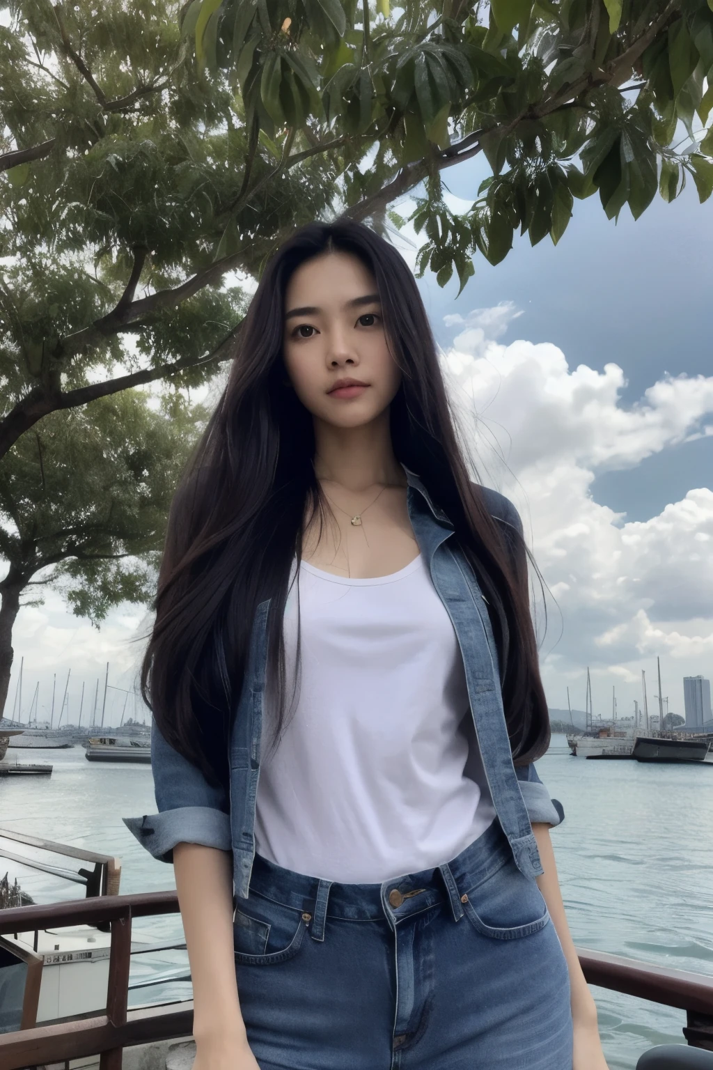 Thai women, Look at the viewer., long hair, shirt, jeans, cloud, day, sky,outdoor, After the Apocalypse, harbor, view, tree, water,