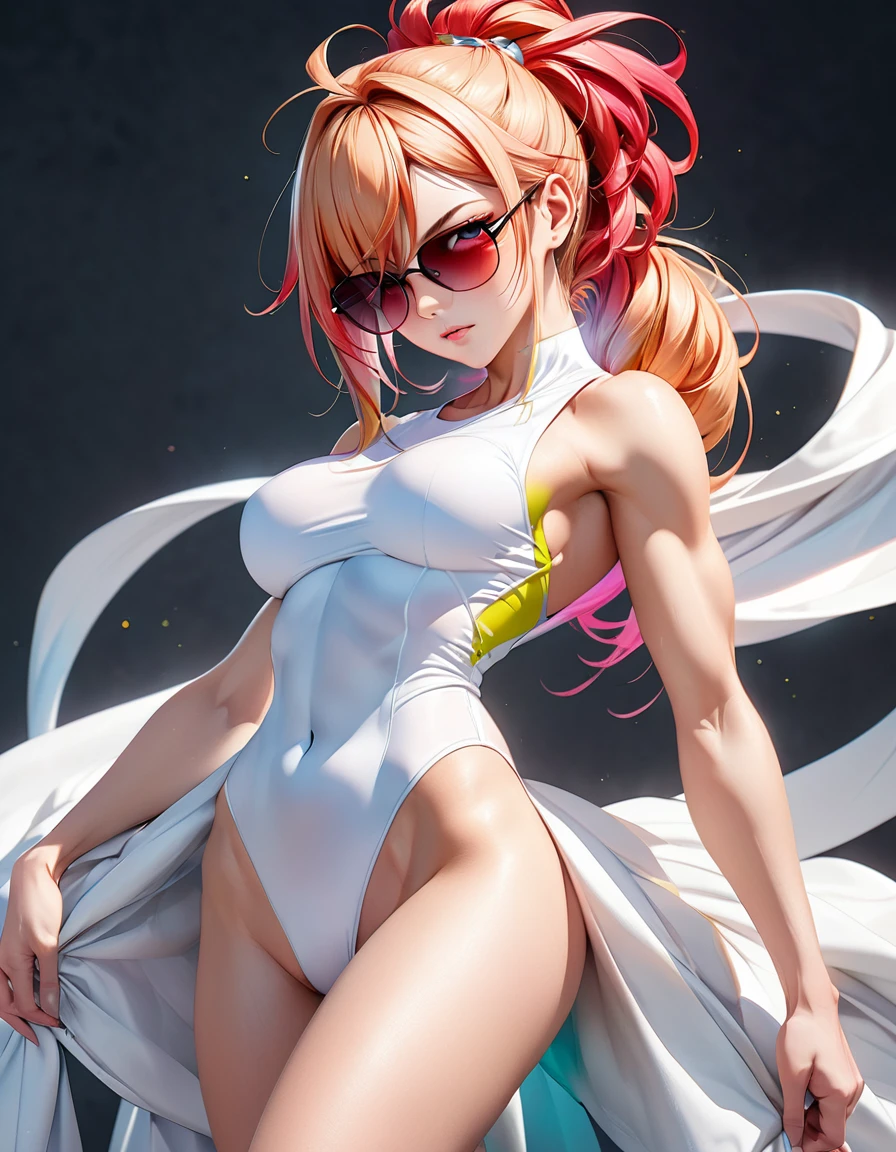 A lendario broly dbz a men with red blonde hair and sunglasses, Rossdraws pastel vibrant, cgsociety, stands and shows her perfect figure to her full height, well - developed muscles, beautiful body athletic, pink neon colors realism, modularity, photo realistic, ultra high quality details, great attention to the body and face, UHD, 8K , Watercolor, trending on artstation, sharp focus, studio photo, intricate details, highly detailed, in anime 2d death note
