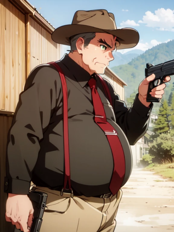 (Ultra-high resolution), (masterpiece), (Attention to detail), (high quality), (最high quality), One Man, (Oishikuraudo), fat, plump, old, black shirt, white pants, suspenders, red necktie, wristwatch, grey hair, hair slicked back, green eyes, (Western Cowboy), (fringed leather jacket), Wide-brimmed hat, poncho, Cowboy boots, Leather pants, Double Gun Belt, Showdown scene in the wilderness, Cowboy standing in the dust, The moment he was about to pull out his gun, Dust in the wind
