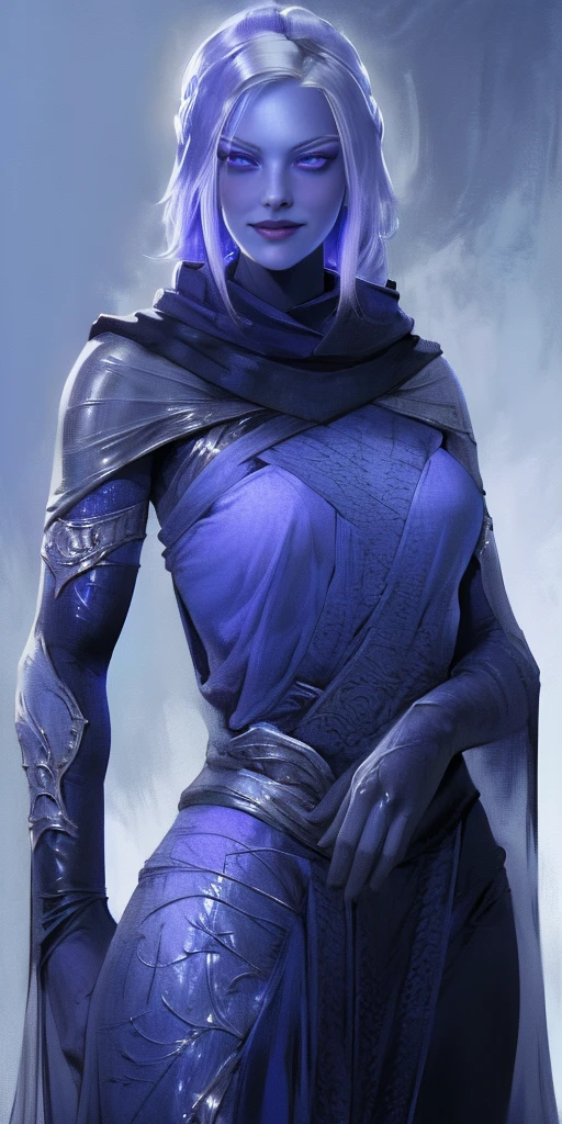 (1solofemale) (smile) grayscale skin, pale golden hair and violet eyes. She prefer clothing of white and silver with cloaks of deep blue, blue or purple background (Masterpiece, highres, 4k, very precise detailed)