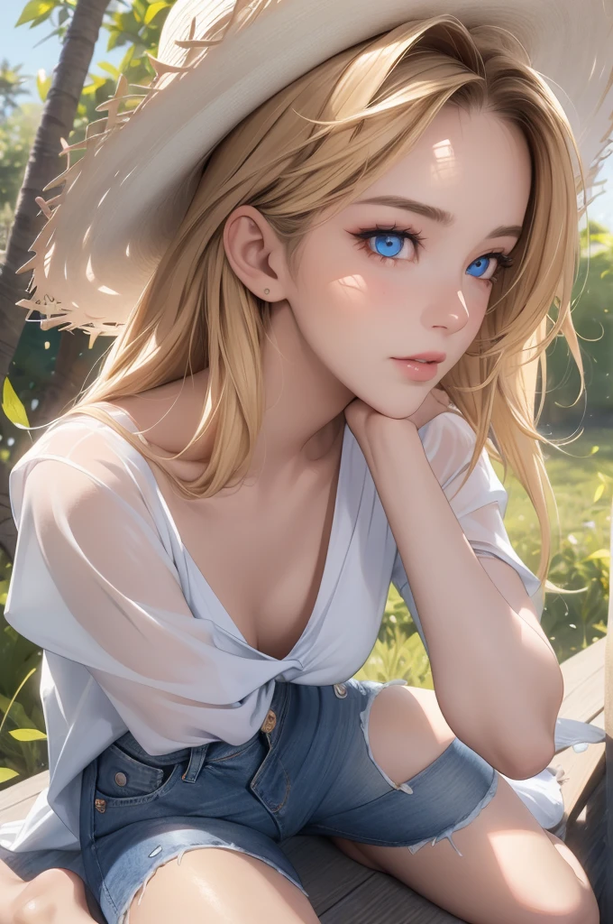 1girl, white transparent summer outfit, jeans shorts, straw hat, bare feet, blonde hair, blue eyes, full body, Style-Petal, trees background, sunny day, perfect eyes, perfect hands, ultra high res, cinematic angle, professional lighting, best quality, masterpiece, sidelighting, sharp, perfect focus, bokeh, photorealistic, (finely detailed beautiful eyes: 1.3), realistic, (3d face:1.1), (lustrous skin:1.5), (ultra high res intricate face details), (face skin pores:1.3), ultra high res cloth texture, 8k eye details, 8k pupils,