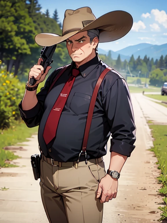 (Ultra-high resolution), (masterpiece), (Attention to detail), (high quality), (最high quality), One Man, (Oishikuraudo), fat, plump, old, black shirt, white pants, suspenders, red necktie, wristwatch, grey hair, hair slicked back, green eyes, (Western Cowboy), (fringed leather jacket), Wide-brimmed hat, poncho, Cowboy boots, Leather pants, Double Gun Belt, Showdown scene in the wilderness, Cowboy standing in the dust, The moment he was about to pull out his gun, Dust in the wind
