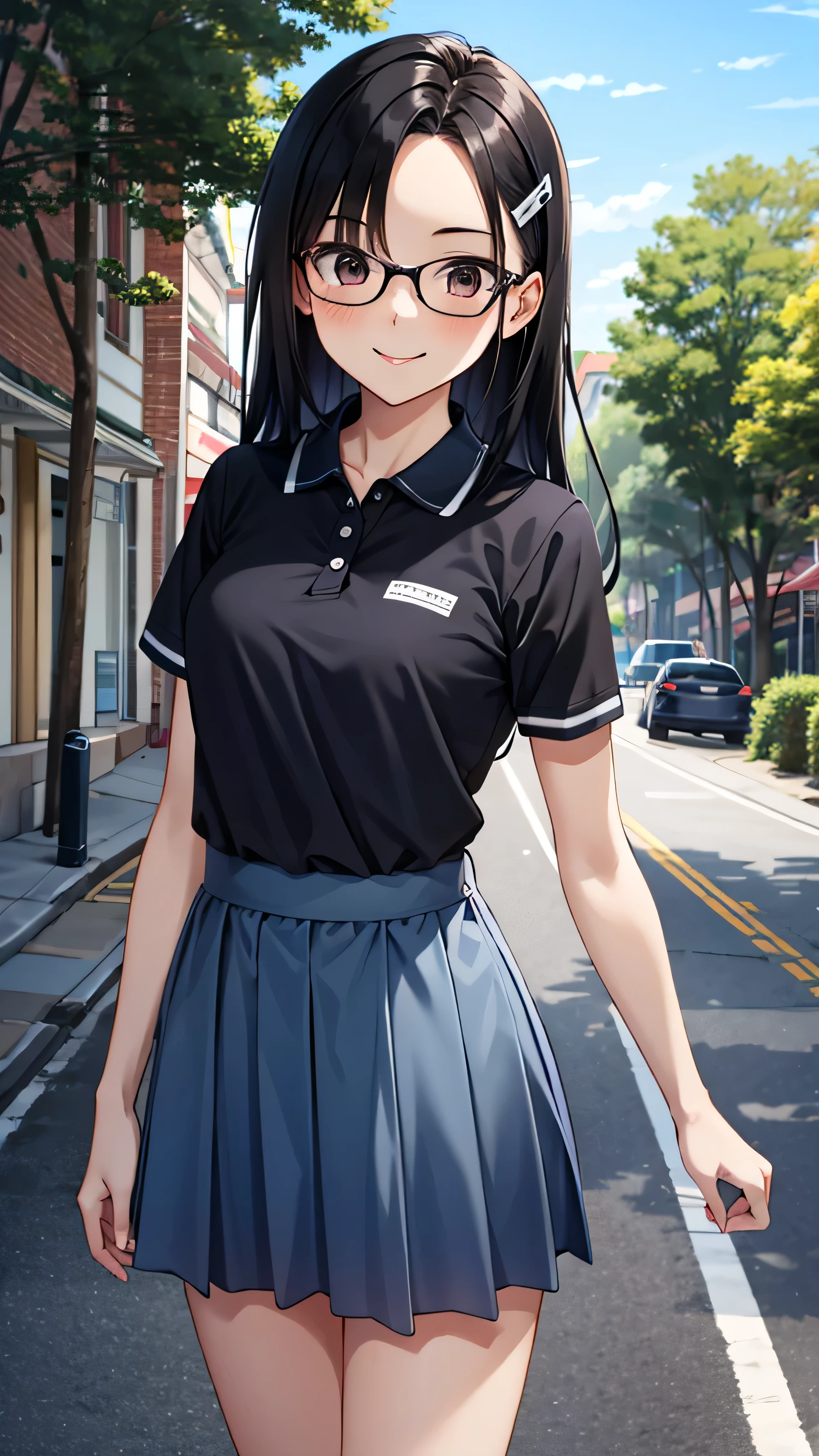 ((best quality)), ((masterpiece)), (details), one girl, sexy ((best quality)), ((masterpiece)), (details), one girl, sexy ((best quality)), ((masterpiece)), (details), one girl, full body, sexy expensive body, expensive, long legs, mature woman, mature, adult, it_nagatoro_main, Hayase Nagatoro, one girl, blushing, alone, uniform polo shirt, short sleeves, black hair,brown eyes, hair accessory, looking at viewer, hair clip, smiling, long hair, dark skinned woman, dark skin, , bangs, daytime, skirt, collared shirt, collarbone, ear clip, mouth closed, tree, asymmetrical bangs, upper body