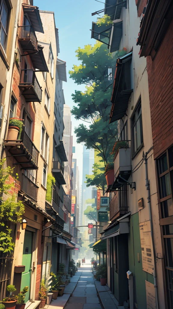 Giant tree in the middle of buildings in New York View from above of the beanstalk in perspective ,