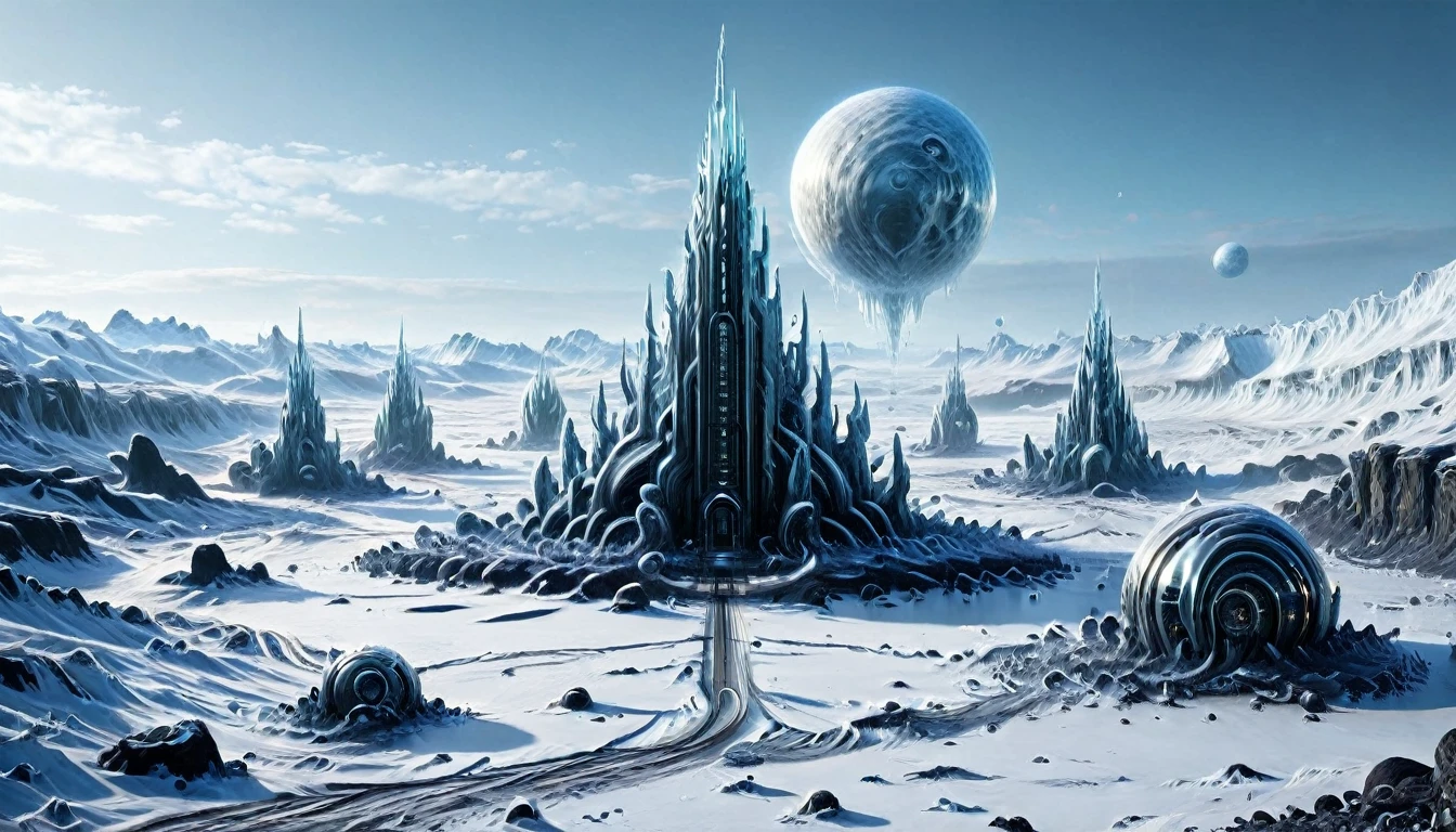 ((ALIEN PLANET, ALIEN COLONY WITH BUNKER-TYPE HOUSING)), hyper realistic image in very high definition (4k) of a frozen landscape on an alien planet. The environment must be completely covered with ice and snow, without liquid water, with intricate black rocks. It's a frozen, frozen desert. Include some futuristic alien constructions and buildings such as extraterrestrial colonies.. The scene must also show parked alien spaceships. In the landscape, You can see some humanoids with polar clothing, being part of an important population. The sky is gray, stormy and tempestuous, with wind visible on the scene. Lighting should be cinematic style, highlighting the realism and details of the image.