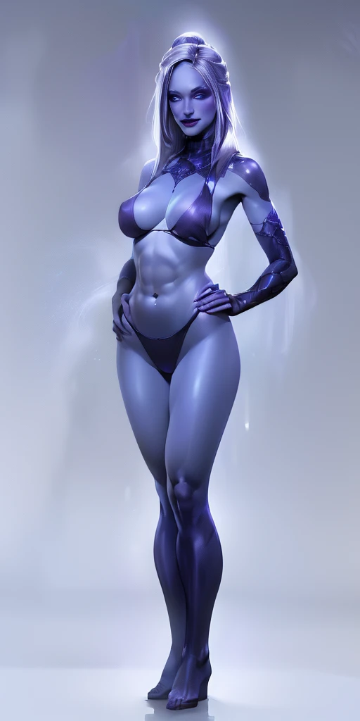 (1solofemale full body purple bikini standing straight symmetrical, hands on hips) (smile purple makeup) grayscale skin, pale hair and violet eyes. She prefer clothing of white and silver with cloaks of deep blue or purple, blue or purple background (Masterpiece, highres, 4k, very precise detailed)