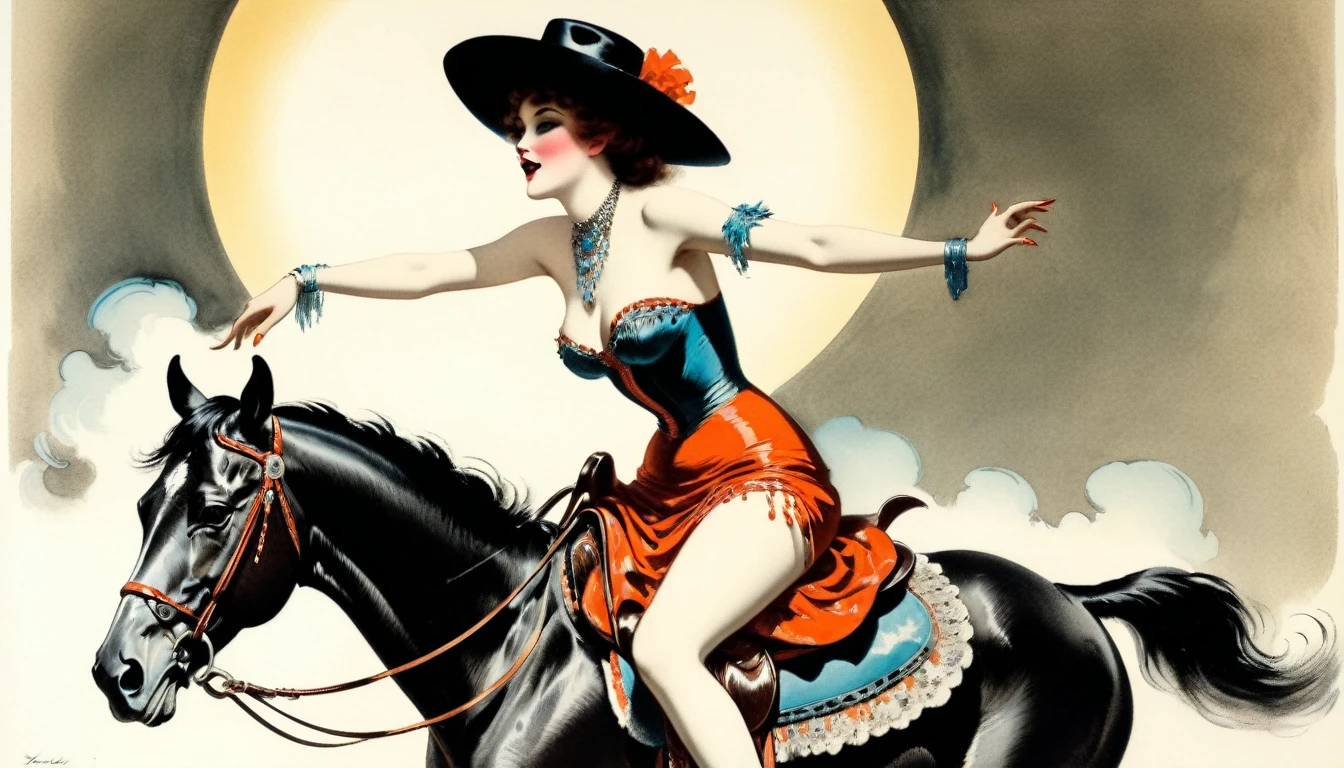 (best quality, Masterpiece:1,1), ((illustration by Louis Icart)),Western Cowboy, improvisation, Detailed illustration, grotesque,
 Intricate details, tempering, (aesthetics), excitement, hyperrealistic, insanely detailed, ((Louis Icarth style)