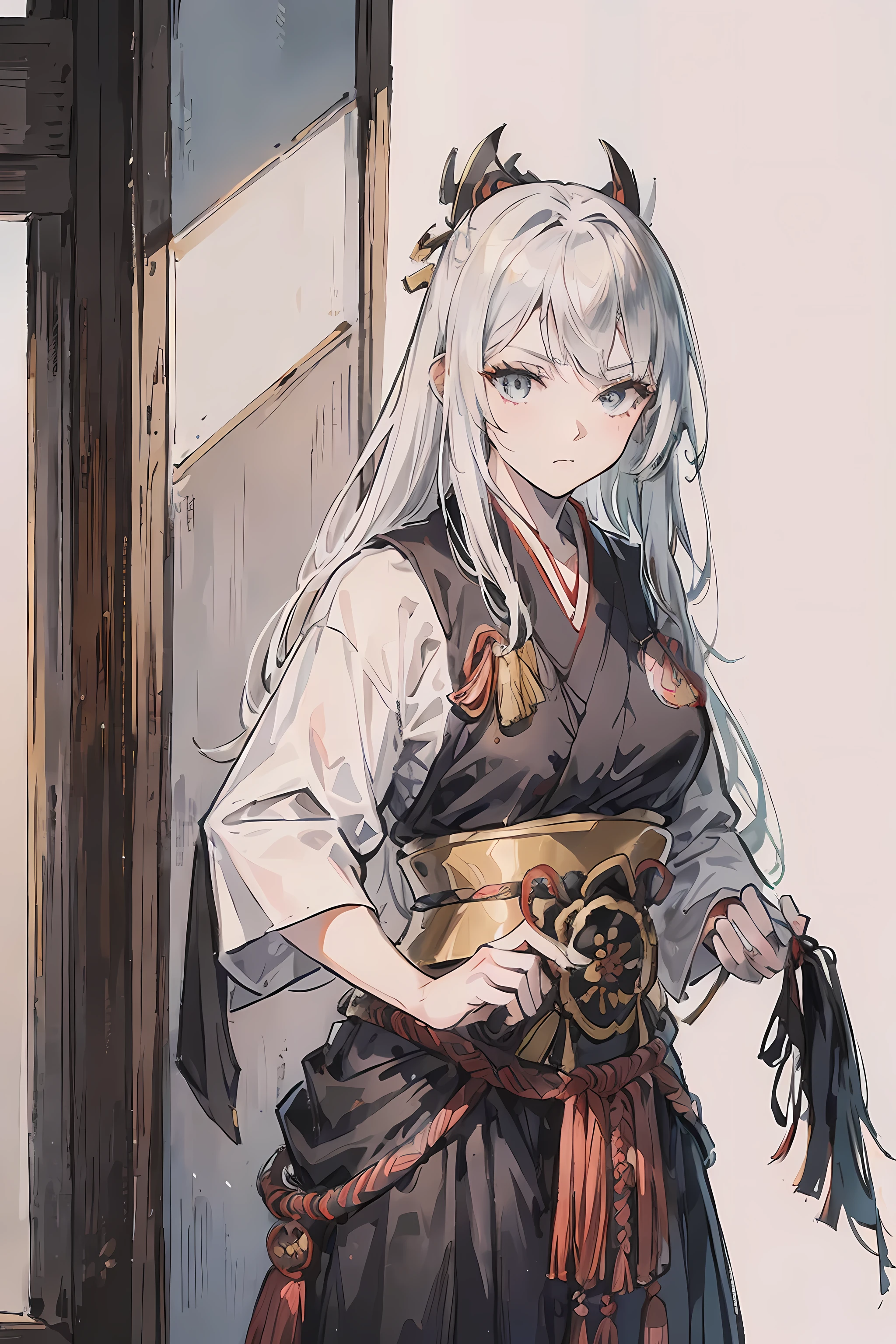 Ninjagirl, a white haired , wearing a black ninja armor, long hair, fasion hair, samurai armor, slim body, shirt ornament, hakama, tall 165cm, 22yearold, samurai, katana, female, beautiful, sexy, wearing ninjamasks