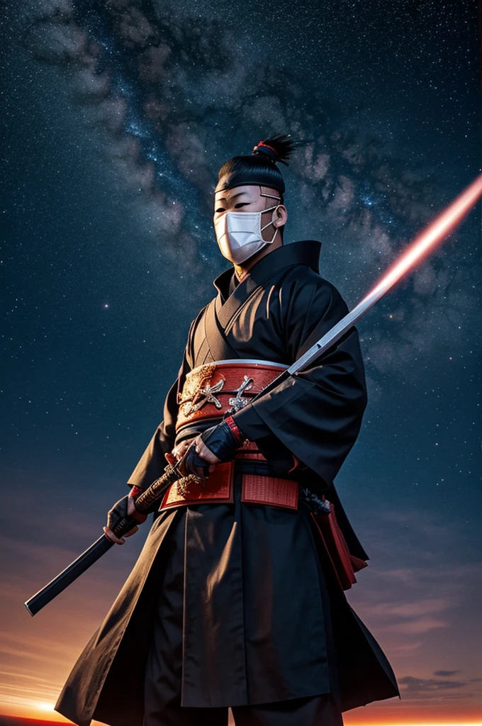 Japanese masked samurai, under Sakura space sky