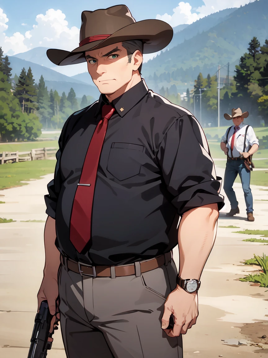 (Ultra-high resolution), (masterpiece), (Attention to detail), (high quality), (最high quality), One Man, (Oishikuraudo), fat, plump, old, black shirt, white pants, suspenders, red necktie, wristwatch, grey hair, hair slicked back, green eyes, (Western Cowboy), (fringed leather jacket), Wide-brimmed hat, poncho, Cowboy boots, Leather pants, Double Gun Belt, Showdown scene in the wilderness, Cowboy standing in the dust, The moment he was about to pull out his gun, Dust in the wind
