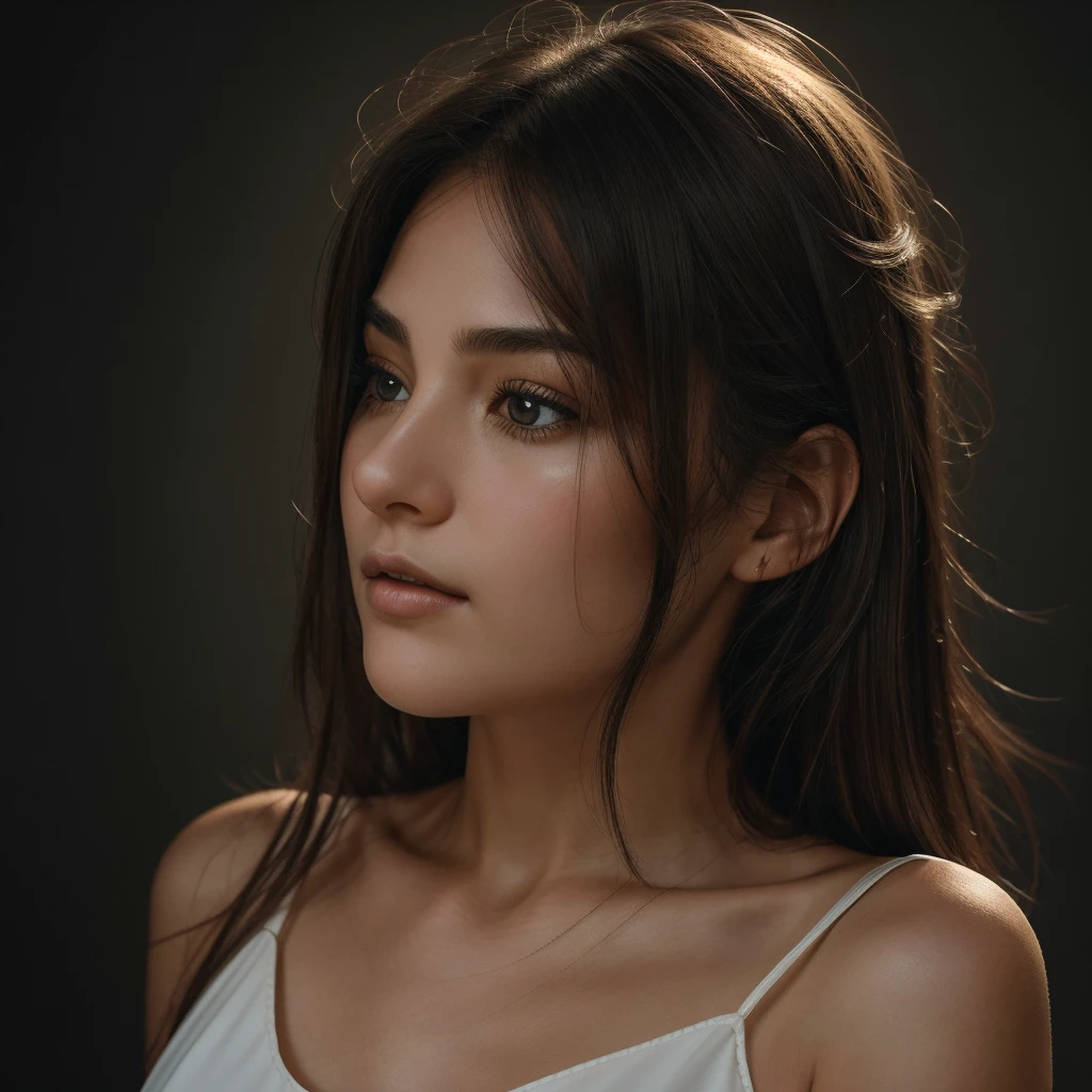 A close-up portrait of a young woman with soft features and a serene expression, her long, tousled hair cascading around her shoulders. She wears a simple, slightly worn white top with a relaxed neckline, adorned with a delicate tie. The background is a dark, moody gradient, hinting at a twilight atmosphere, with a faint glow of the moon illuminating her face. The overall composition conveys a sense of calm and introspection, with a focus on her expressive eyes and natural beauty. Photorealistic style, soft lighting, high detail, cinematic quality.