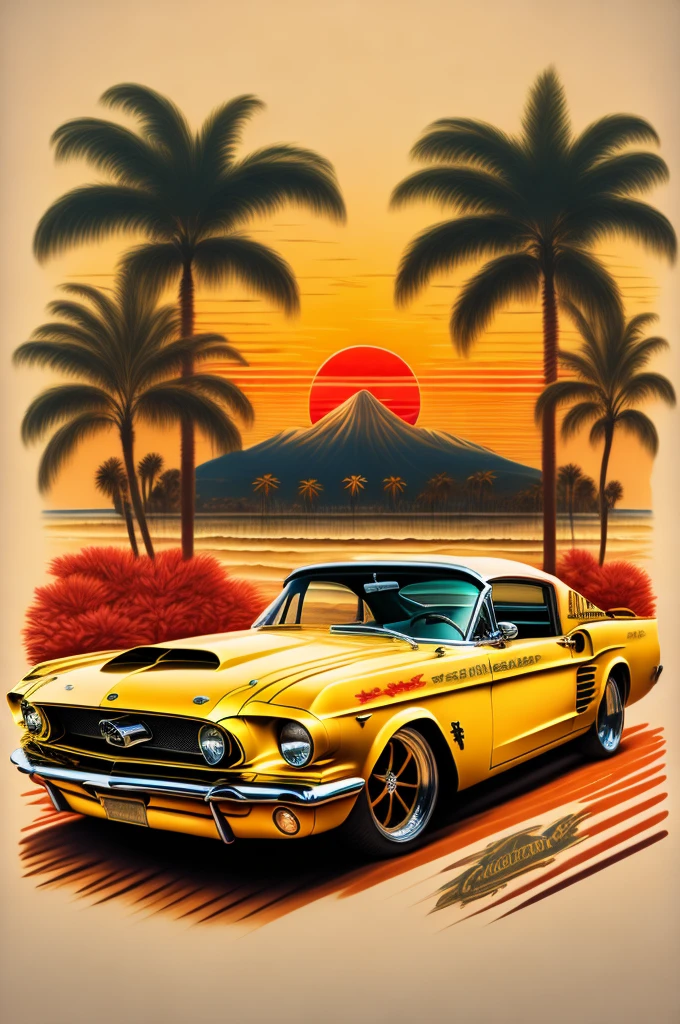 A stunning conceptual art piece featuring a vintage 1959 Ford Mustang parked beneath the golden hues of a breathtaking sunset. The palmtrees surrounding the scene are rendered in bold black, contrasting against the warm colors of the sky. The beach is a blend of vibrant yellow and red, evoking the essence of retro charm. The entire design is intended to be transformed into a captivating t-shirt design with a white background, perfect for nostalgic car enthusiasts and fans of classic Americana., conceptual art
