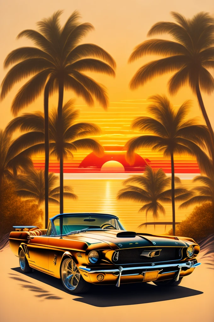 A stunning conceptual art piece featuring a vintage 1959 Ford Mustang parked beneath the golden hues of a breathtaking sunset. The palmtrees surrounding the scene are rendered in bold black, contrasting against the warm colors of the sky. The beach is a blend of vibrant yellow and red, evoking the essence of retro charm. The entire design is intended to be transformed into a captivating t-shirt design with a white background, perfect for nostalgic car enthusiasts and fans of classic Americana., conceptual art