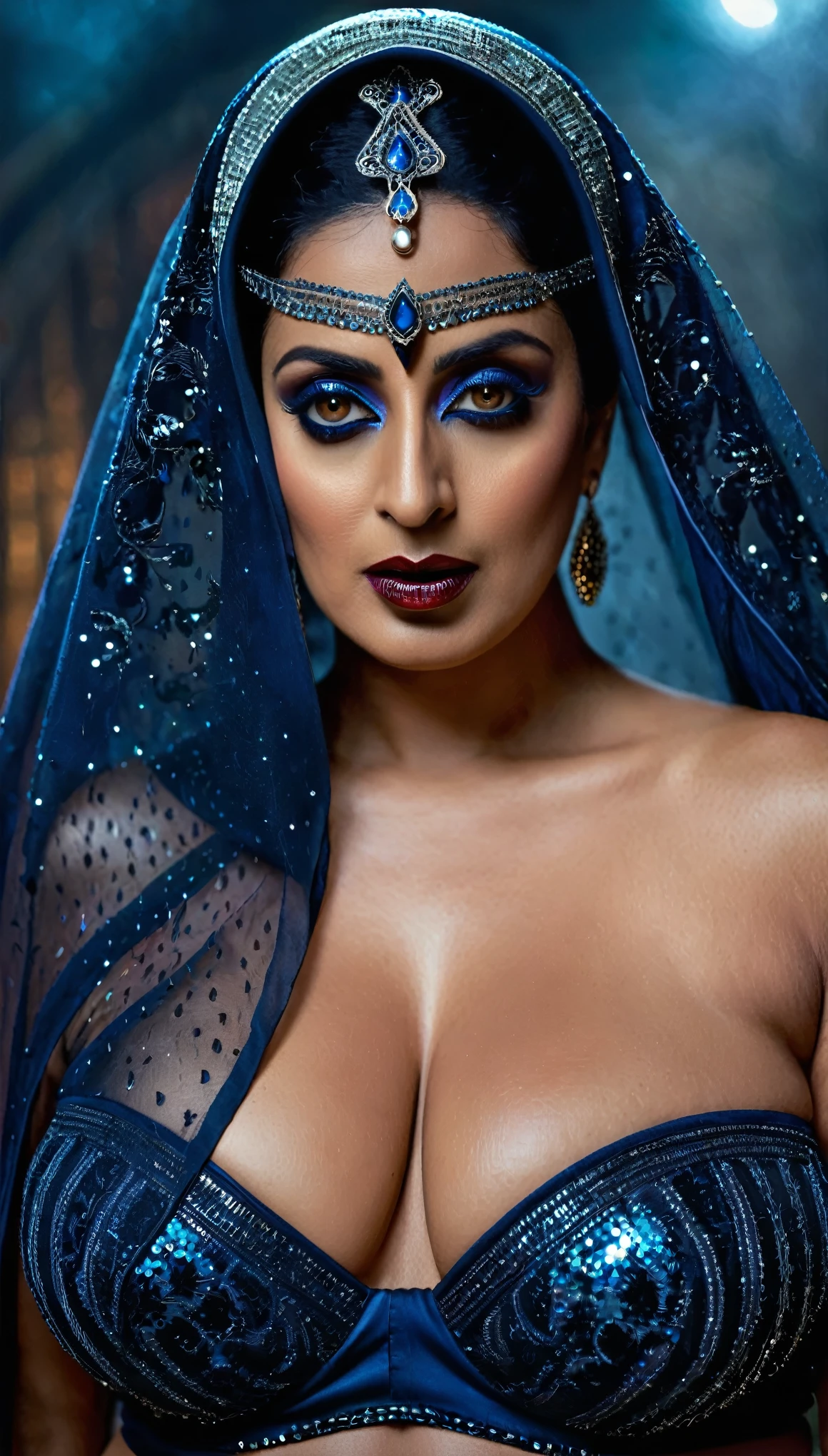 Looks like Mahie Gill, full body Closeup shot, Big chubby aunty, milf, busty, seductress, massive saggy  breast,  cougar lady witch, horny Gothic milf,  80 years old gorgeous mature lady, pervert demoness, demoness of lust, curvy, black lips, horny face, extremely gorgeous, thick figure, heavy physique, voluptuous, curvy, sexy figure, Fashionable portrait of androgynous alien looking witch wearing veil, glowing eyes, futuristic design, minimal details, givenchy, photoreal, 200mm, hd, f/ 2.0, highly detailed, surreal, sexy beautiful evil woman, sexy bold sequin Saree with strapless Bra, chudail, Pishachini, horror genre, blood-thirsty enchantress, powerful female spirit, eerie, drop dead, in the style of red and blue, (intricate details, hyperdetailed:1.15) (skin texture:1.2), dark Moody tone, cinematic lighting, haunted place in background, 
