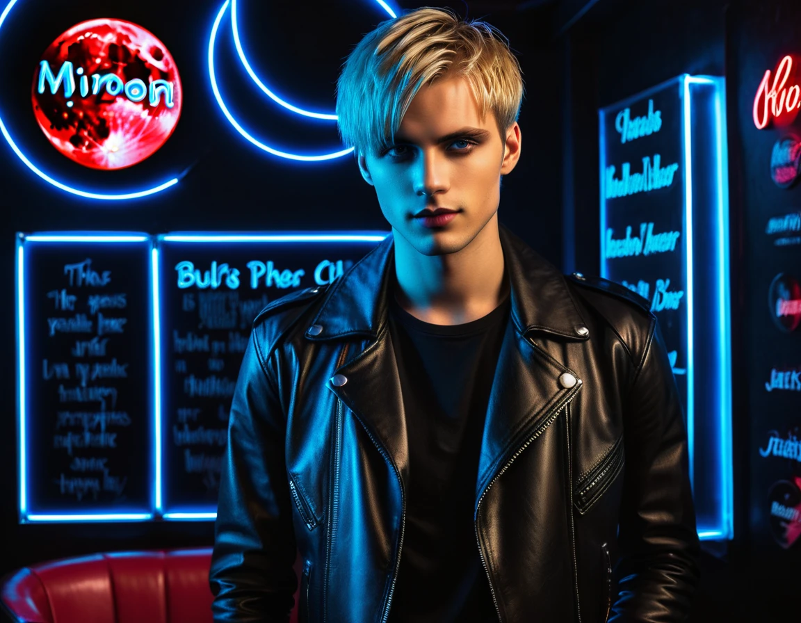 Hyper realistic, dark vibes, solo, attractive young guy, male, 22 years, pale skin, blue eyes, (short textured blond hair:1.1), layered bangs, gothic black leather jacket, black eyeliner, dark lighting, in luxury strip club room, (smirk:1.1), (holding 1 dagger up:1.1), (visible neon red moon under writing sign in background text "CONTEXT" in blue:1.1)