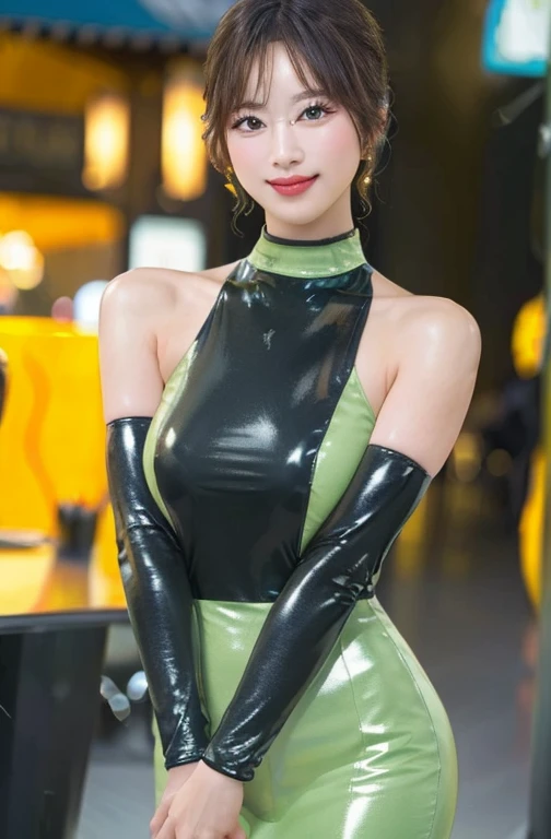 masterpiece,beautiful,extremely detailed,finely detailed,exquisite,(ultra high res),(8k UHD best quality), (realistic, photo-realistic:1.37), depth_of,blurry_background, photo_inset,Dramatic lighting,reference_inset,photo_background,photorealistic,looking_at_viewer,1girl,detailed skin,shiny skin,smile,(((upper body))),(((evening dress))),Buzzing cityscape at night with illuminated skyscrapers,yasu 