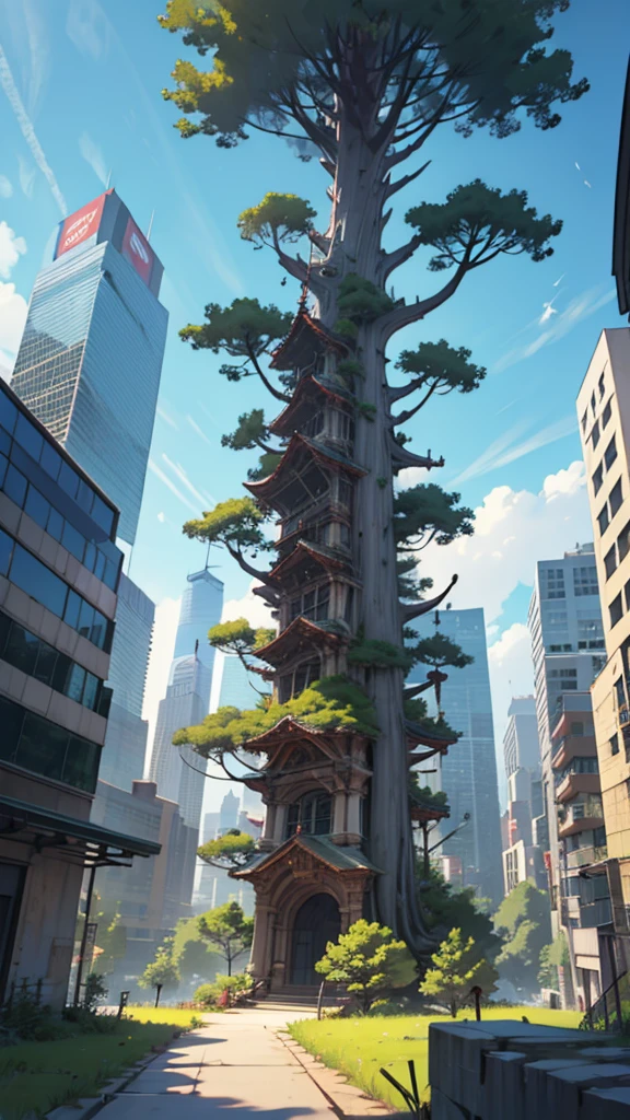 Giant tree in the middle of buildings in New York , view from tree peak 