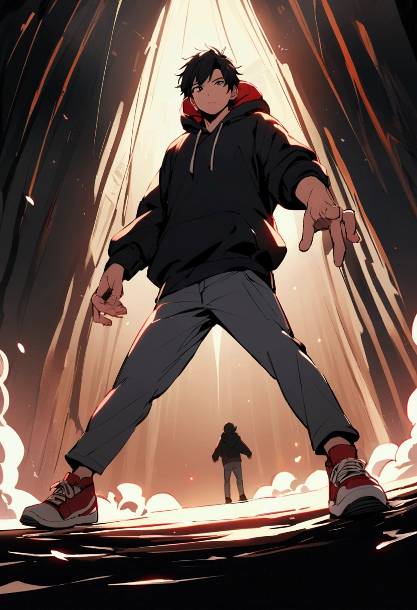 male character full body pose black hair hoodie gray pants red sneakers front perspective drawing