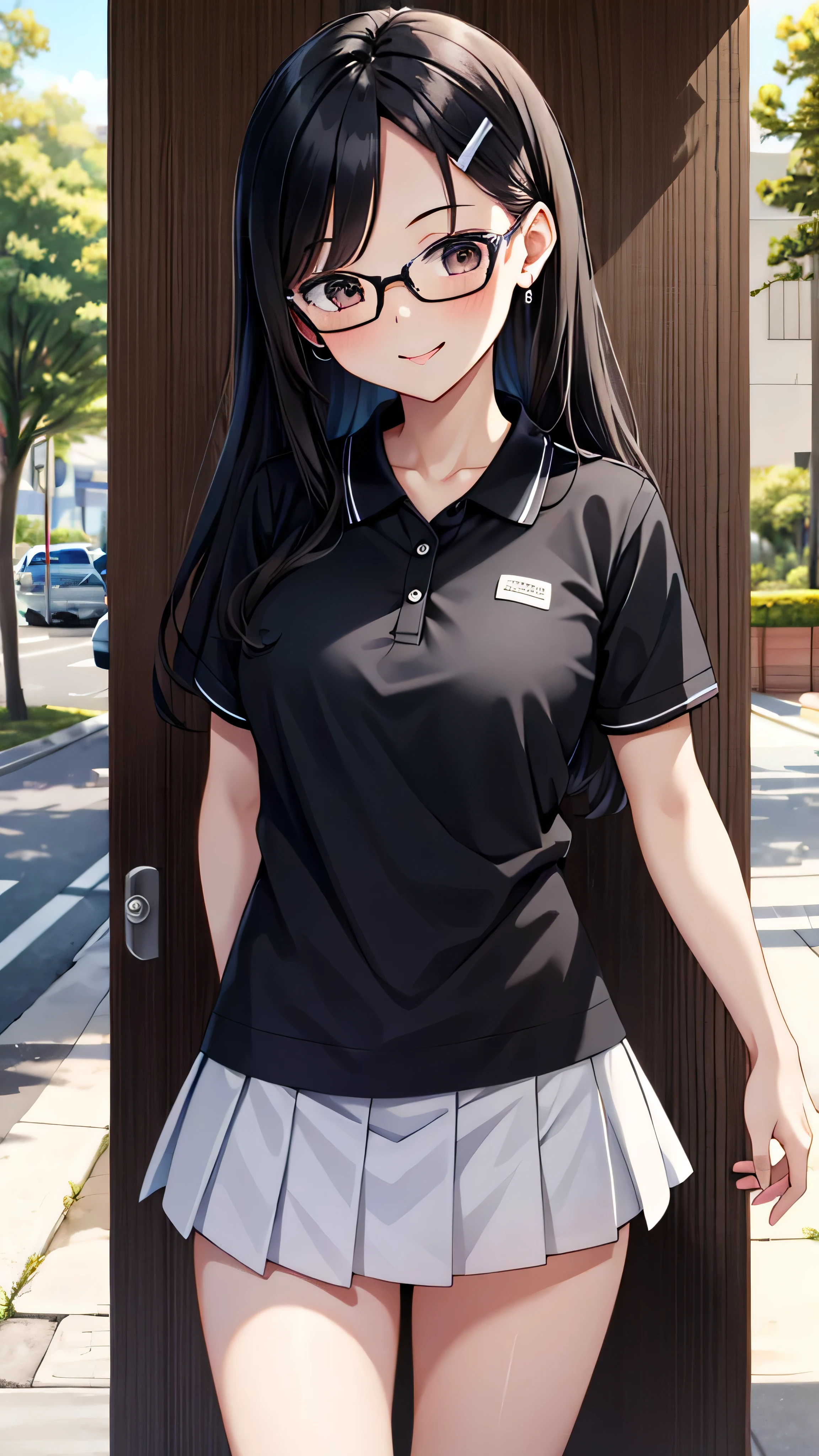 ((best quality)), ((masterpiece)), (details), one girl, sexy ((best quality)), ((masterpiece)), (details), one girl, sexy ((best quality)), ((masterpiece)), (details), one girl, full body, sexy expensive body, expensive, long legs, mature woman, mature, adult, it_nagatoro_main, Hayase Nagatoro, one girl, blushing, alone, uniform polo shirt, short sleeves, black hair,brown eyes, hair accessory, looking at viewer, hair clip, smiling, long hair, dark skinned woman, dark skin, , bangs, daytime, skirt, collared shirt, collarbone, ear clip, mouth closed, tree, asymmetrical bangs, upper body