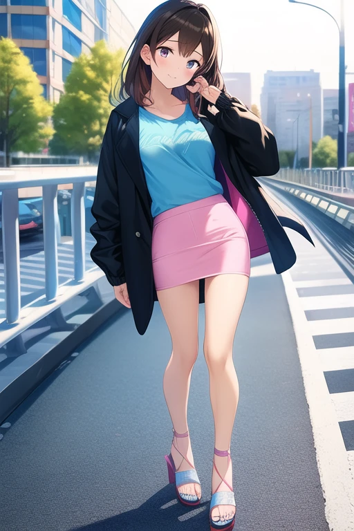 photorealistic of pretty brown hair young woman standing on modern footbridge, she wearing black jacket (+outer), pink t-shirt, light-blue ripped denim pencil skirt, and white heel sandals,  (1girl, solo,full body), (masterpiece, best quality)