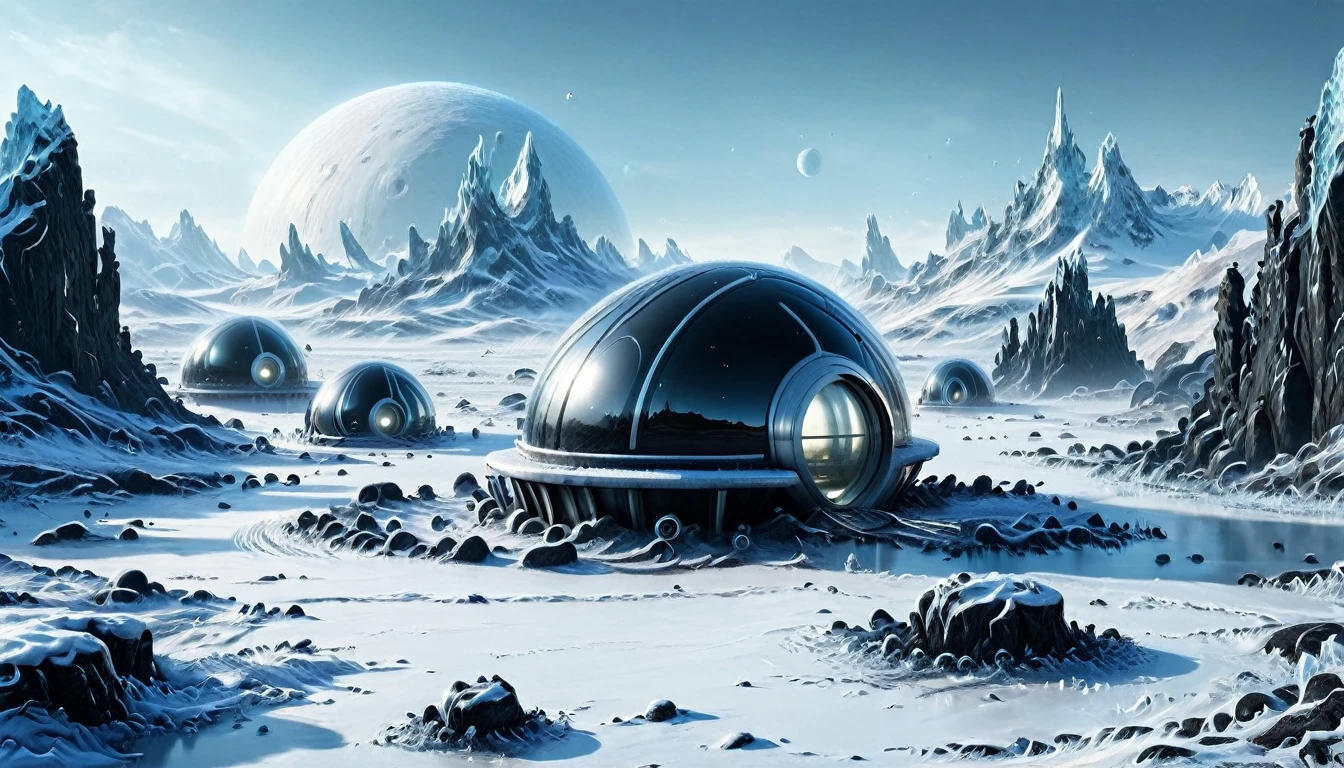 ((ALIEN PLANET, ALIEN COLONY WITH BUNKER-TYPE HOUSING)), hyper realistic image in very high definition (4k) of a frozen landscape on an alien planet. The environment must be completely covered with ice and snow, without liquid water, with intricate black rocks. It's a frozen, frozen desert. Include some futuristic alien constructions and buildings such as extraterrestrial colonies.. The scene must also show parked alien spaceships. In the landscape, You can see some humanoids with polar clothing, being part of an important population. The sky is gray, stormy and tempestuous, with wind visible on the scene. Lighting should be cinematic style, highlighting the realism and details of the image.