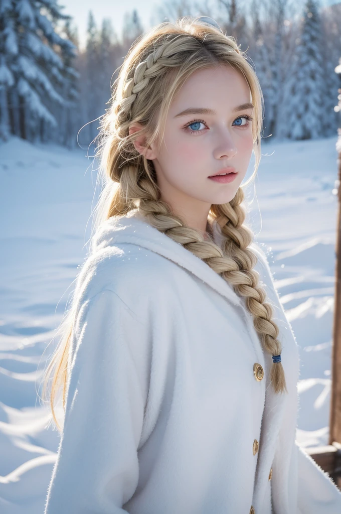 (practical:1.2), Analog photography style., Scandinavian warrior, Amazing snow scene, golden braids, whole body, Soft natural light, cute and sexy, happiness, Delicate face and blue eyes., Good quality, masterpiece, detailed north background, quality: 16k, Photo original
