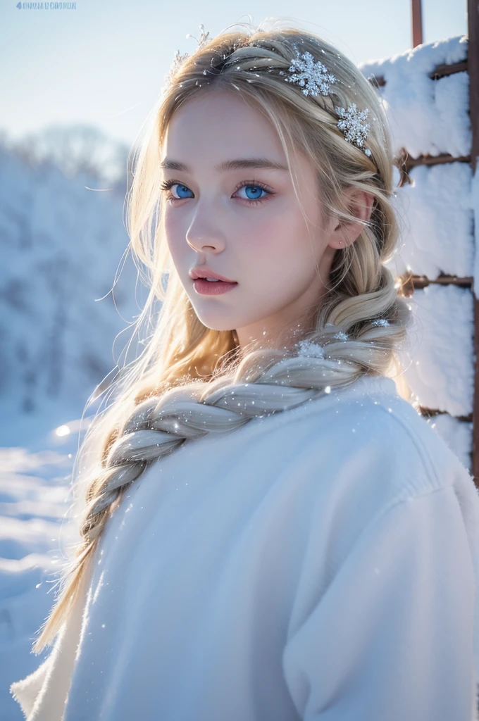(practical:1.2), Analog photography style., Scandinavian warrior, Amazing snow scene, golden braids, whole body, Soft natural light, cute and sexy, happiness, Delicate face and blue eyes., Good quality, masterpiece, detailed north background, quality: 16k, Photo original