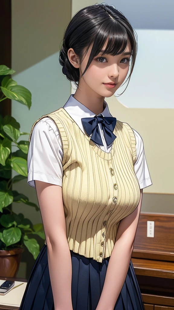 (masterpiece:1.2, Highest quality), (Realistic, photoRealistic:1.4), Beautiful illustrations, (Natural Side Lighting, Cinema Lighting), Written boundary depth, Looking at the audience, (Face Focus, Upper Body), Front view, 1 girl, Japanese, high school girl, 15 years old, Perfect Face, Symmetrical cute face, Glowing Skin, (Bob Hair:1.7,Black Hair), Asymmetrical bangs, Big eyes, Droopy eyes, long eyelashes chest), thin, Beautiful Hair, Beautiful Face, Beautiful and beautiful eyes, Beautiful clavicle, Beautiful body, Beautiful breasts, Beautiful thighs, Beautiful legs, Beautiful fingers, ((Quality fabric texture, brown knit vest, Short sleeve white collar shirt, Navy Pleated Skirt, Navy bow tie)), (Beautiful views), evening, (Inside the flower shop), Are standing, (smile, Superior, Open your mouth), (From below:1.5),(Poor visibility:1.5), 