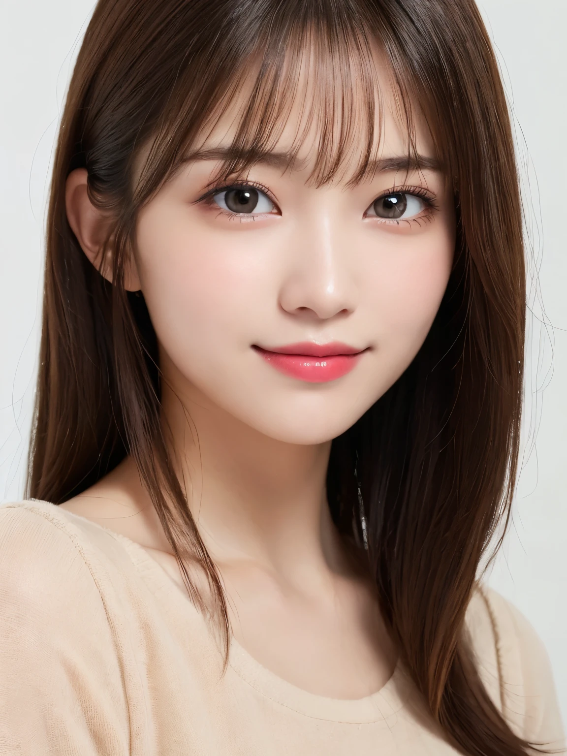 bust up photo, Shows everything from the top of the head to the bust, looks happy, white background, highest quality, shape, Super detailed, finely, High resolution, 8k wallpaper, Perfect dynamic shape, beautiful and detailed eyes, D cup, natural color lip,smile、20 year old girl, Beautiful and dense face、perfect and beautiful face,Big eyes、real photos(best image quality), blouse (beige)、looking at camera、Please stand、Do gal makeup