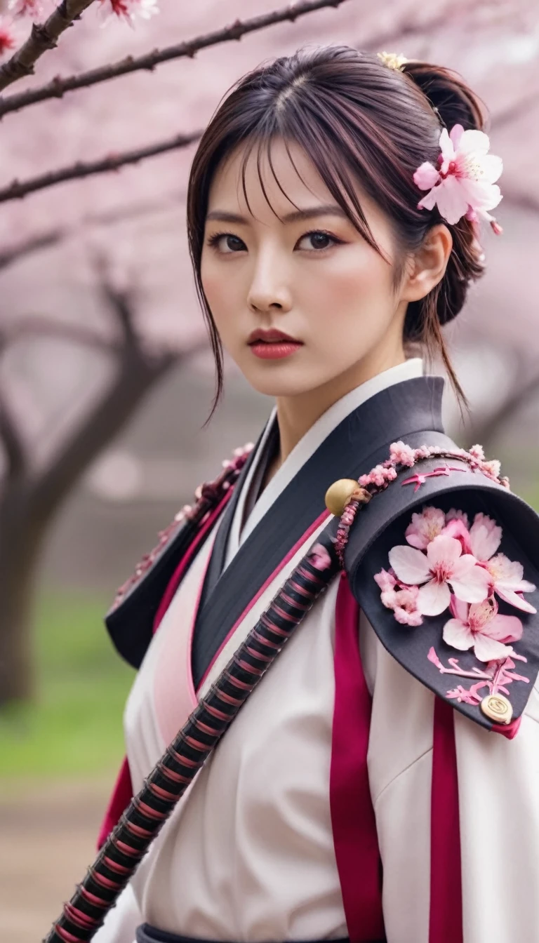 A beautiful samurai-style woman wearing armor with a cherry blossom storm in the background, KPOP idol faces, Highest quality, Holding a naginata, 8k,