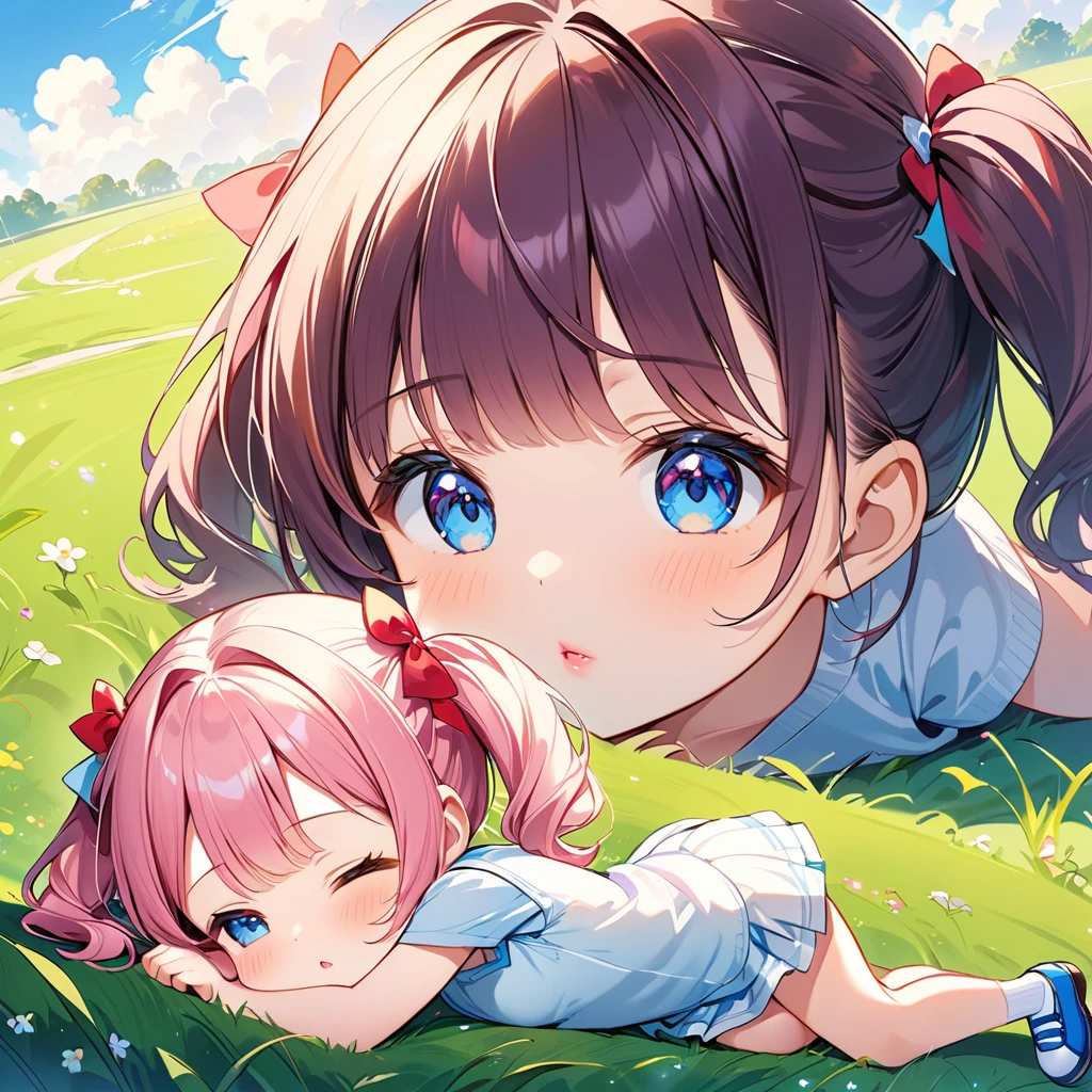 Highest quality、High resolution、Detailed Background、Beautiful face in every detail、Anatomically correct、Detailed facial expressions、fine grain、((full body, from below, side view)), ((One Girl))、Chibi Girl、Cute hair color、Large, beautiful deep blue eyes、Fuller lips、Pink Lips、Braided twin tails、Elementary school, (Tank top、Vneck、mini skirt、Cute Shoes)、break grassland、((Lying face down、rest one's chin on one's hand))、I'm tired and very sleepy、Both eyes are half closed、Looks like he's about to fall asleep、((Big yawn))、Close-up of the mouth、The background is a flower field、Big rabbit and friends