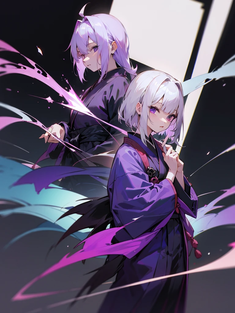 Black kimono、Purple Japanese-style jacket、White Hair
