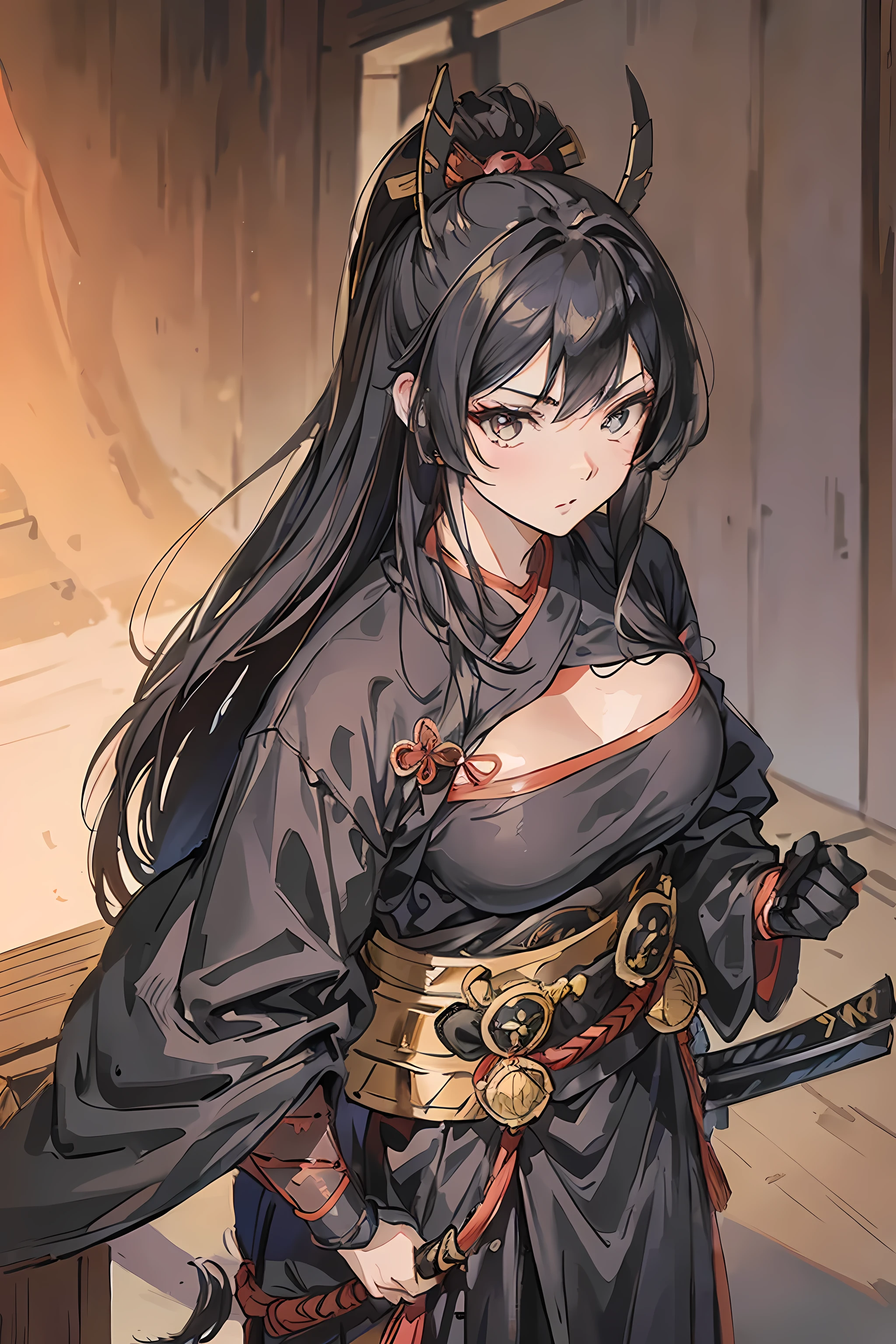 Ninjagirl, a bronze haired , wearing a black ninja armor, long hair, fasion hair, samurai armor, slim body, shirt ornament, hakama, tall 165cm, 22yearold, samurai, katana, female, beautiful, sexy, wearing ninjamasks