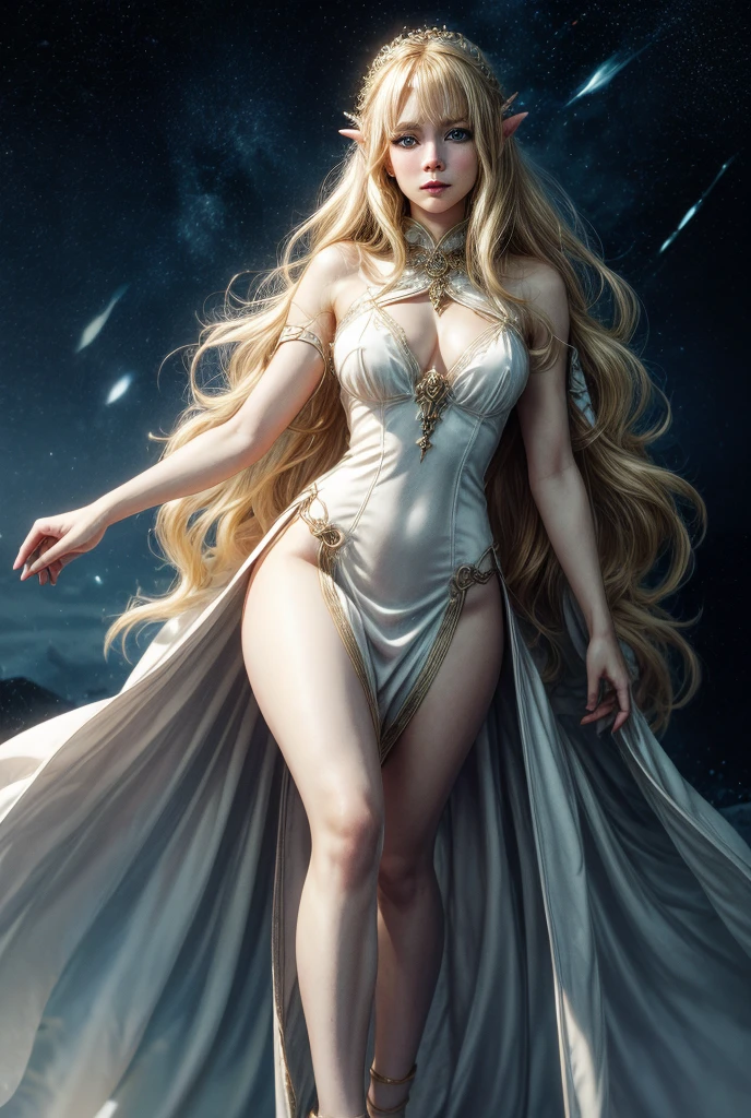 1girl, solo, masterpiece, high quality, full length, noblewoman, elven, fantasy, blonde hair, blue eyes, skimpy white dress, thighs, perfect body, perfect face, perfect breasts, tall, standing in fantasy city, sorceress