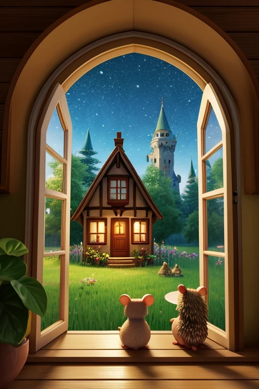 create an illustration for the fairy tale Teremok. In the little house live a little mouse, a frog, and a hedgehog with no head or legs. Everyone is looking out the windows