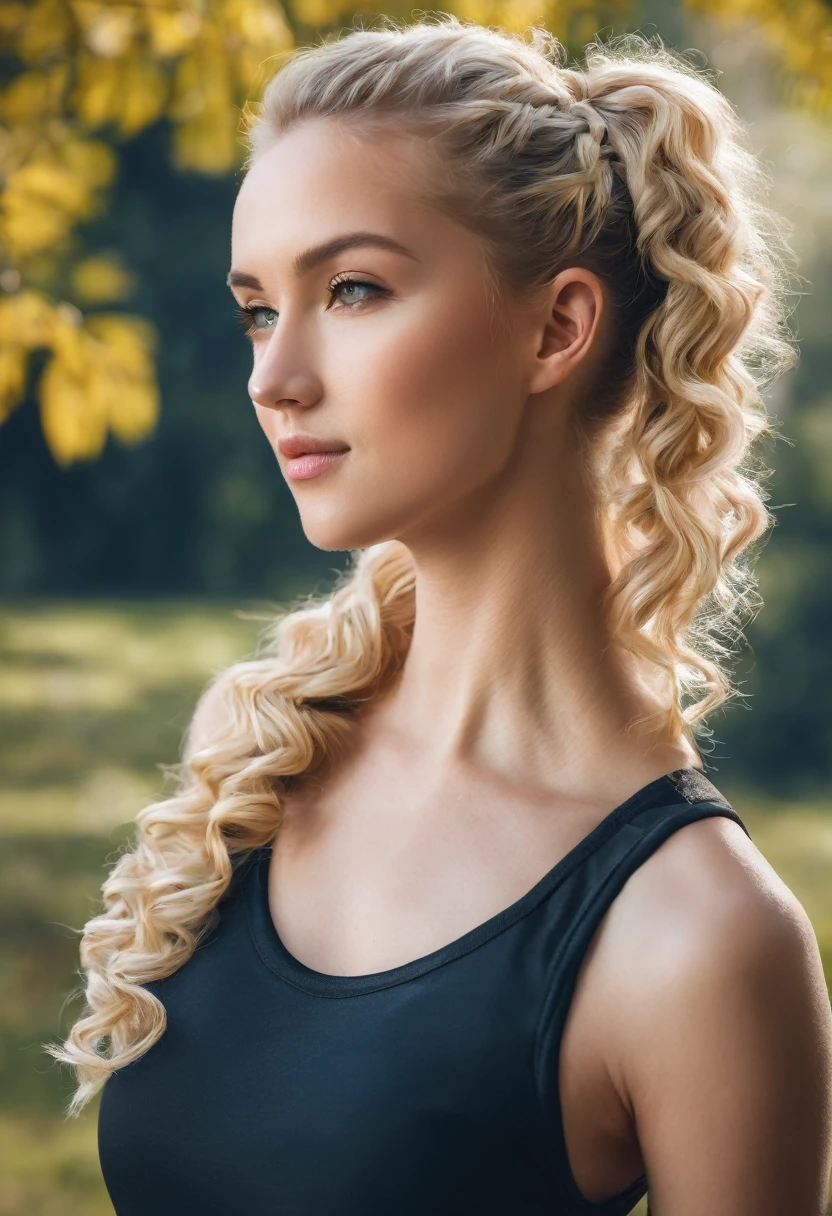 Beautiful blonde girl with curly hair in a ponytail