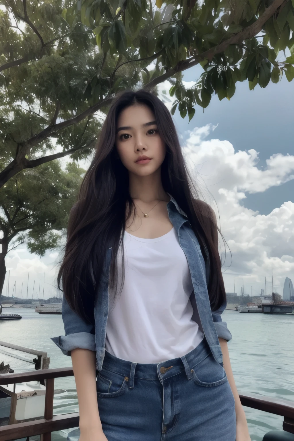 (Masterpiece), (best quality), (very detailed),(illustration), (1 girl),look at viewer, (interview),Beautifully detailed eyes, delicate beautiful face, floating,(high saturation),(shine) Thai women, Look at the viewer., long hair, There&#39;s a twinkle in the eye., glossy lips, tight shirt, jeans, cloud, day, sky,outdoor, After the Apocalypse, harbor, view,  water,