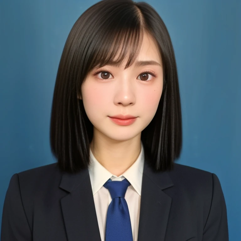 (kawaii 24 year-old Japanese girl, Nogizaka idol, Korean idol), (glossy black hair, short bob, hair length must be even and symmetric:1.3), (rounded face, single eyelid, no makeup, serious expression:1.2), (wearing suit jacket, collared shirt, necktie:1.3), (extra small breasts:0.9), (looking at viewer:1.2), BREAK, (simple blue background, yearbook background:1.3), (portrait, id photo, bust shot, view from vertically straight forward:1.3), (keep a margin on the top), BREAK, (masterpiece, best quality, photo realistic, official art:1.4), (UHD, 8K quality wallpaper, high resolution, raw photo, golden ratio:1.3), (shiny skin), professional lighting, physically based rendering, award winning, (highly detailed skin, extremely detailed face and eyes), Carl Zeiss 85 mm F/1.4, depth of field, 1girl, solo,