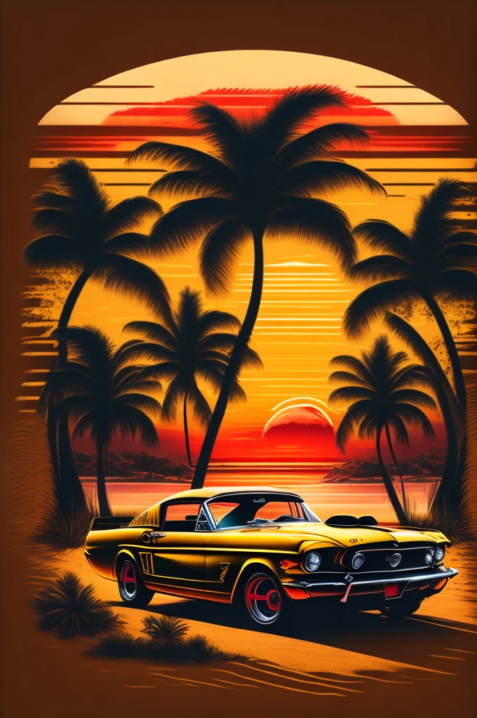 T-shirt design, A stunning conceptual art piece featuring a vintage 1959 Ford Mustang parked beneath the golden hues of a breathtaking sunset. The palmtrees surrounding the scene are rendered in bold black, contrasting against the warm colors of the sky. The beach is a blend of vibrant yellow and red, evoking the essence of retro charm. The entire design is intended to be transformed into a captivating t-shirt design with a white background, perfect for nostalgic car enthusiasts and fans of classic Americana., conceptual art
