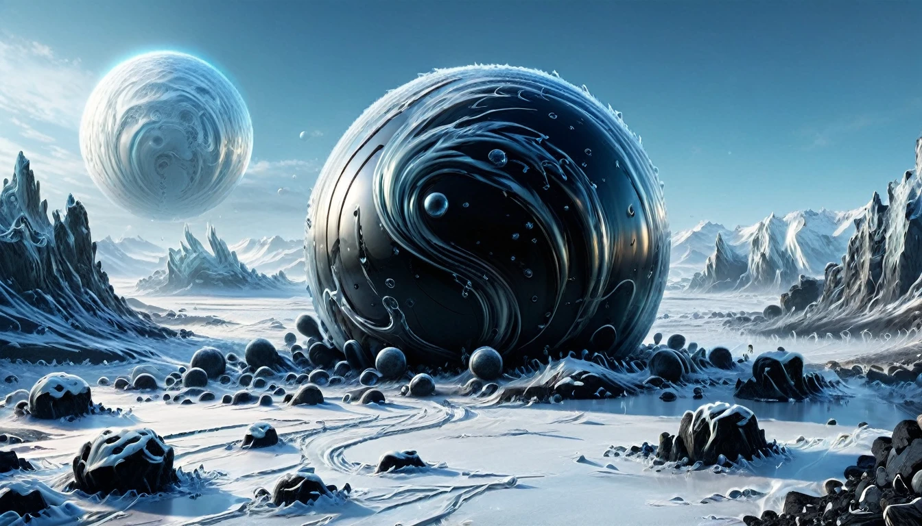 ((ALIEN PLANET WITH BUNKER-TYPE HOUSING)), hyper realistic image in very high definition (4k) of a frozen landscape on an alien planet. The environment must be completely covered with ice and snow, without liquid water, with intricate black rocks. It's a frozen, frozen desert. Include some futuristic alien constructions and buildings such as extraterrestrial colonies.. The scene must also show parked alien spaceships. In the landscape, You can see some humanoids with polar clothing, being part of an important population. The sky is gray, stormy and tempestuous, with wind visible on the scene. Lighting should be cinematic style, highlighting the realism and details of the image.