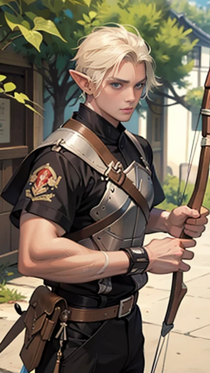 Male elf, Beautiful,Asiatic, short hair, Cute, pointed ears, Wood Elf, archer, draw the bow, draw the bow, Archery, action pose, arrows, quiver, leather belt, breastplate, Security guard's hand, shirtless, boots, whole body,(absurdity, complex parts, masterpiece, Best quality, a high resolution, 8 K),(18 year old boy ,(pleased, pleasure face , blush, excited grin, forest background, BIG BULGE, nsfv