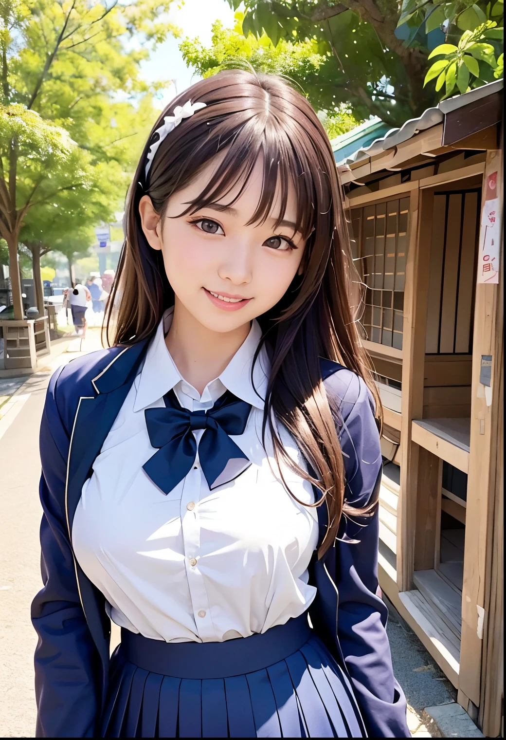 (Highest quality,masterpiece:1.3,Ultra-high resolution),(Very detailed、Caustics) (Realistic:1.4, RAW shooting、)Ultra-Realistic Capture、Very detailed、Natural skin texture、masterpiece、(Japanese women in high school uniforms:1.3),Adorable expression、Expressions of happiness、14 years old、height: 160cm、Young Face、Amazingly cute、Twin tails、Straight hair、Scrunchie、Black Hair、Heavy makeup、H-cup busty、Shining thighs、Skin Arm、Background details、smile、An inviting gaze、Anatomically correct、Cowboy Shot、Attention to detail、Photographed early in the morning on the main street of a summer resort、Sexy pose、